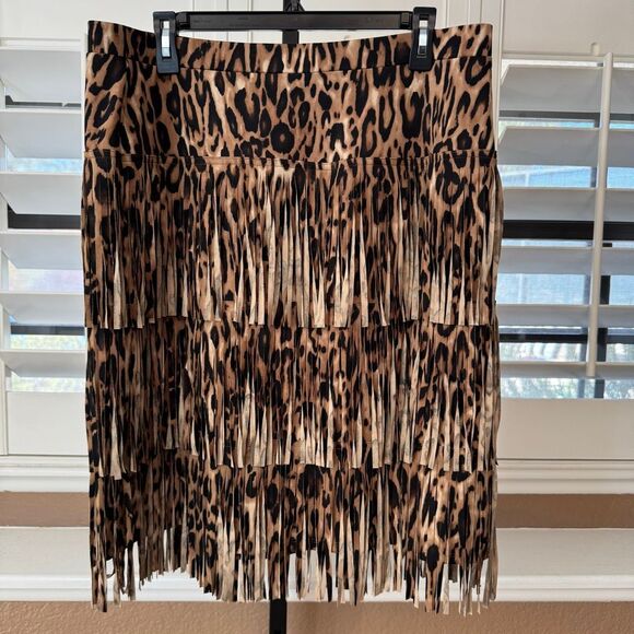 Chicos Size L Fringe Tassel Skirt Animal Print Brown Bachelorette Party Event - Picture 1 of 7
